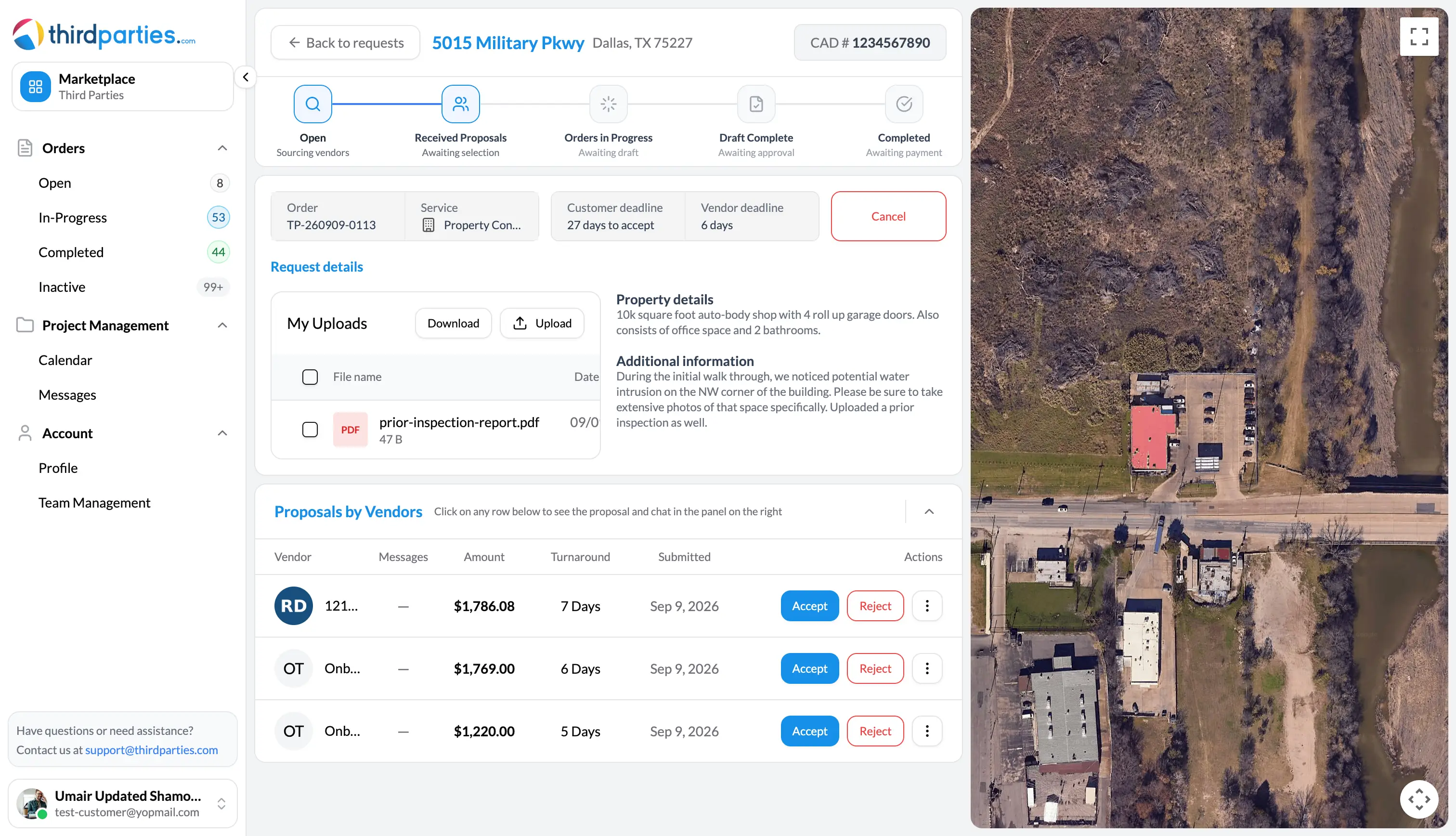 Thirdparties.com request page for a property condition assessment in Dallas: property on a satellite map and three received vendor proposals compared by amount and turnaround, each with Accept and Reject actions